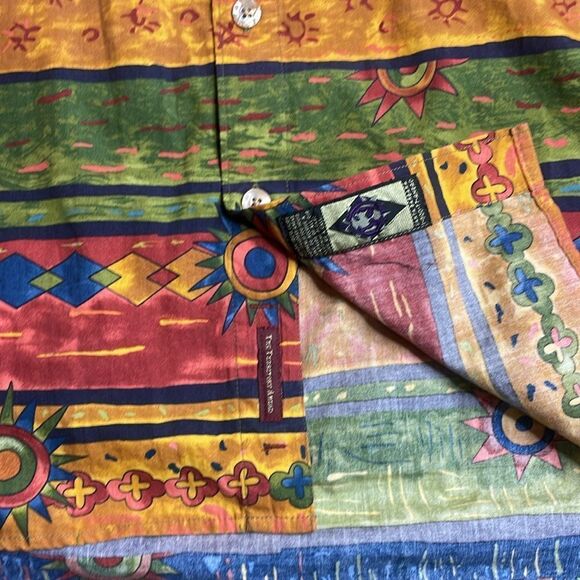 90s Vtg The territory Ahead Short Sleeve Playa Los Cocos Print Red and Brown XL - Picture 2 of 9